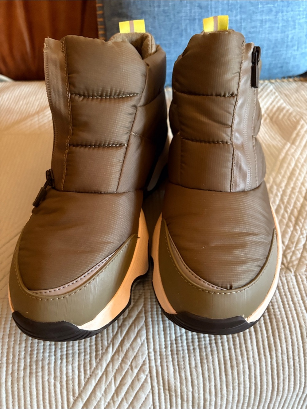 Sorel Olive and Yellow Puff Ankle Winter Boots